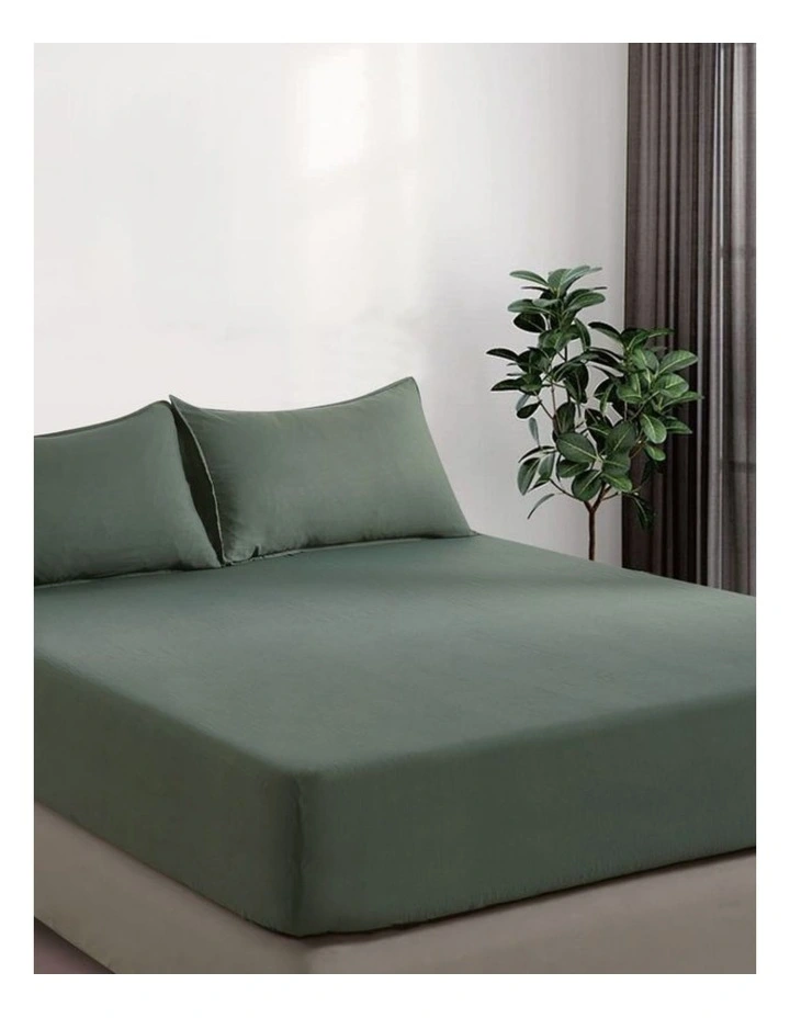 CleverPolly Vintage Washed Microfibre Fitted Sheet Set in Khaki Green image 2