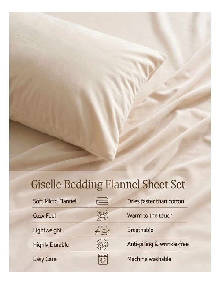 Giselle Double Sheet Set 150GSM Micro Flannel 4PC 40cm Pocket in Cream White image 5