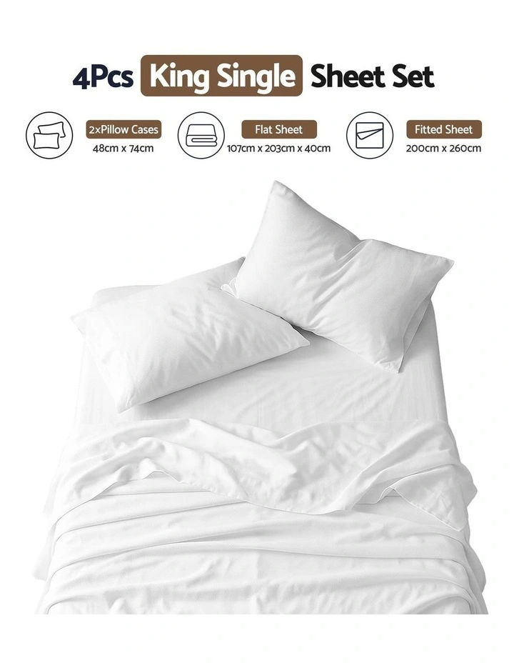 Giselle King Single 500TC Cotton 4PC Sheet Set 40cm Deep Pocket Sateen White image 2