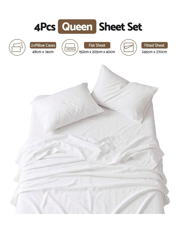 Giselle Queen 500TC Cotton 4PC Sheet Set 40cm Deep Pocket Sateen White image 2