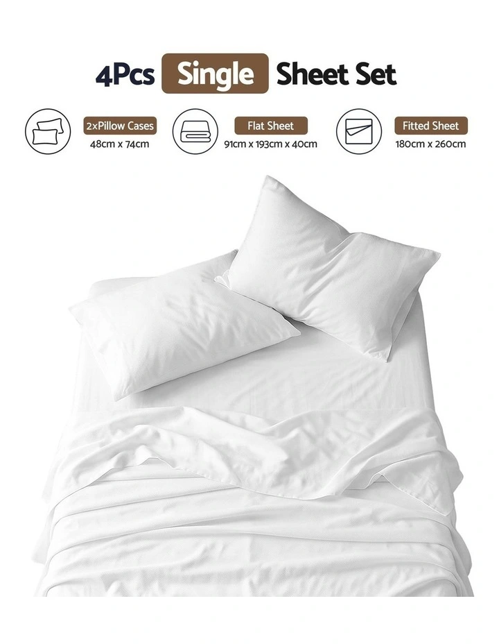Giselle Single 500TC Cotton 4PC Sheet Set 40cm Deep Pocket Sateen White image 2