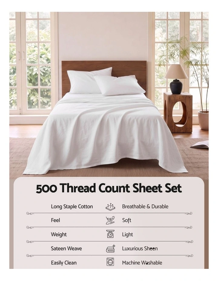 Giselle Single 500TC Cotton 4PC Sheet Set 40cm Deep Pocket Sateen White image 5