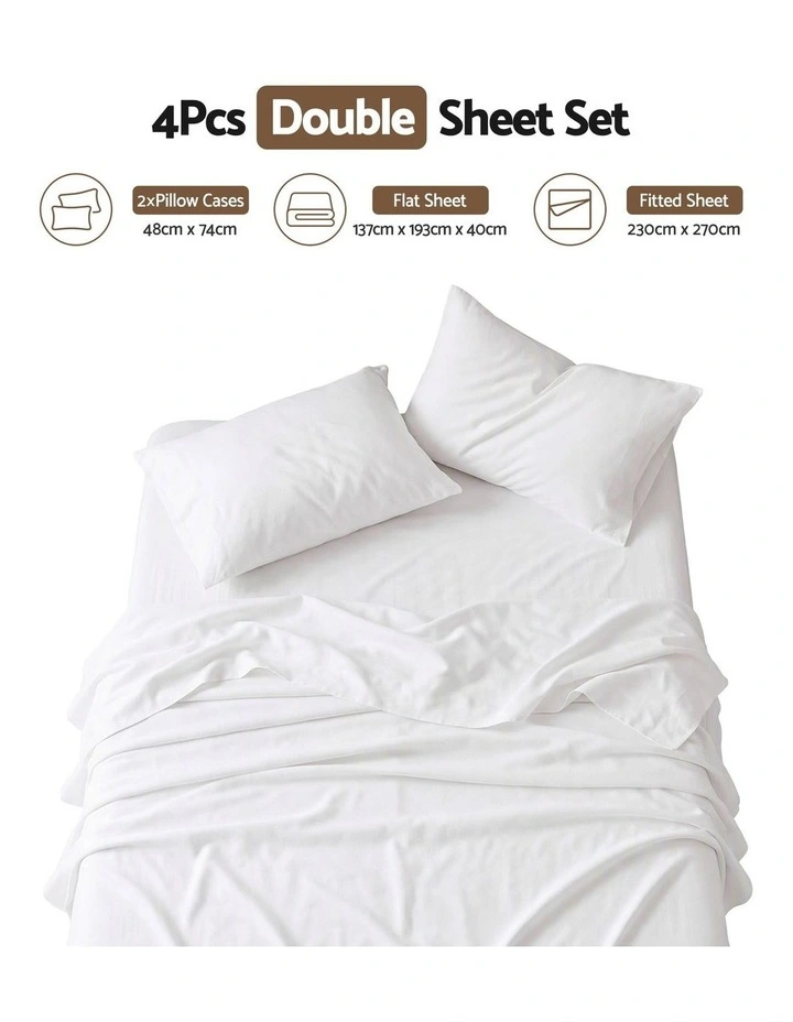 Giselle Double 500TC Cotton 4PC Sheet Set 40cm Deep Pocket Sateen White image 2