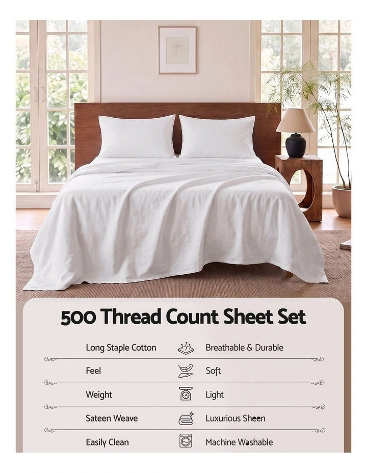 Giselle Double 500TC Cotton 4PC Sheet Set 40cm Deep Pocket Sateen White image 5