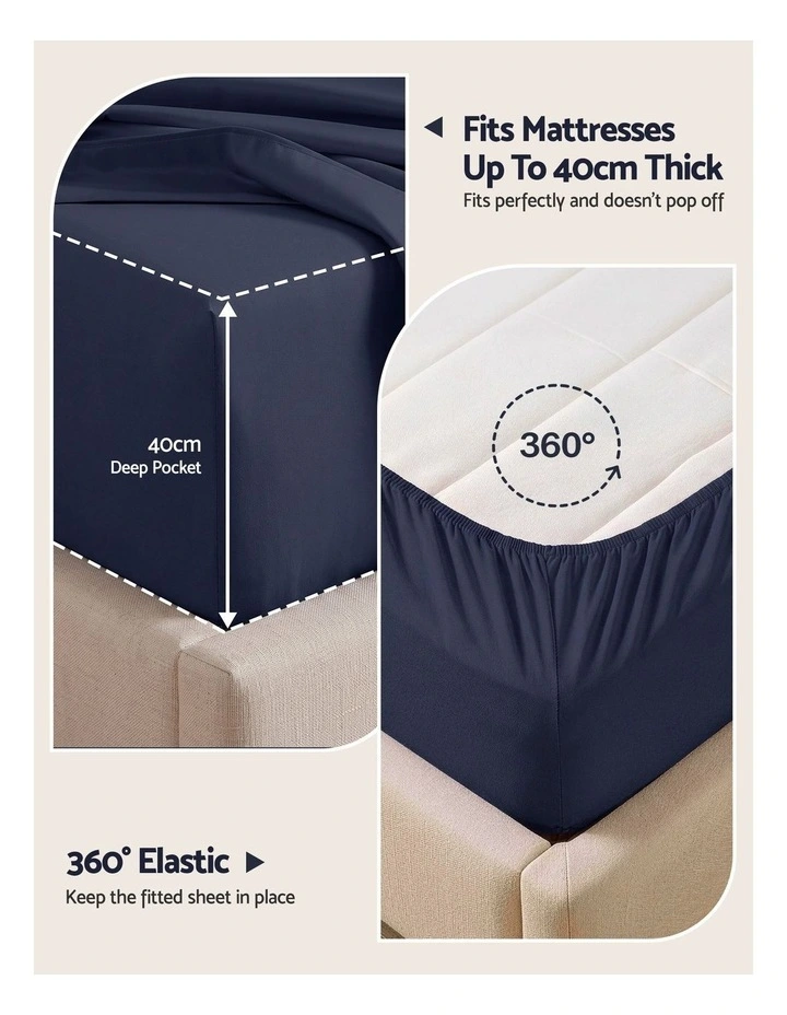 Giselle King 500TC Cotton 4PC Sheet Set 40cm Deep Pocket Sateen Navy Blue image 4