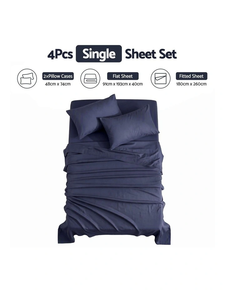 Giselle Single 500TC Cotton 4PC Sheet Set 40cm Deep Pocket Sateen Navy Blue image 2