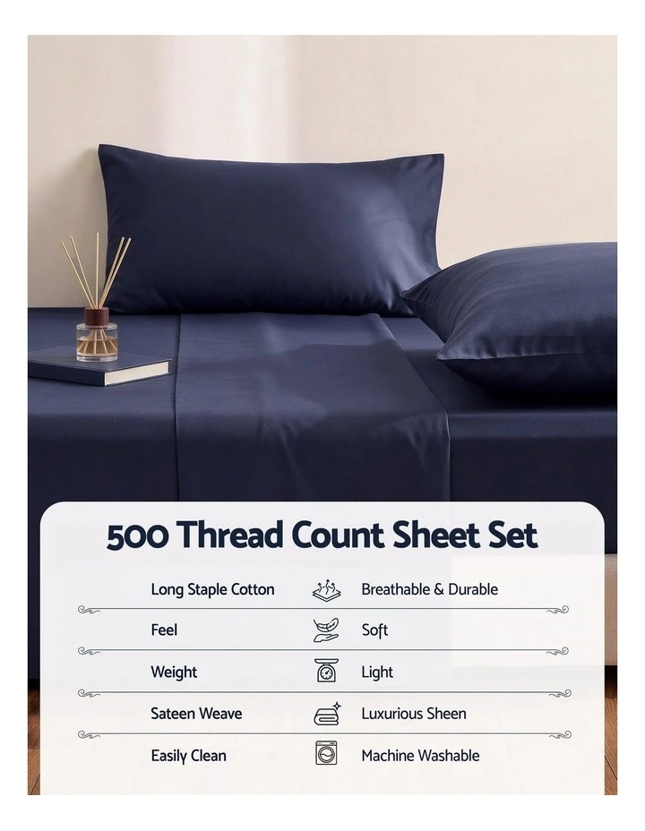 Giselle Queen 500TC Cotton 4PC Sheet Set 40cm Deep Pocket Sateen Navy Blue image 5