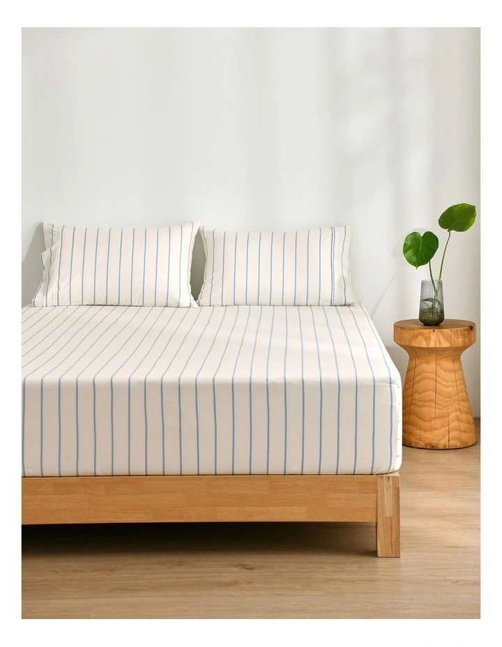 Dreamaker Superfine Washed Microfibre Striped Fitted Sheet Set in Buttermilk/Sky Blue image 1