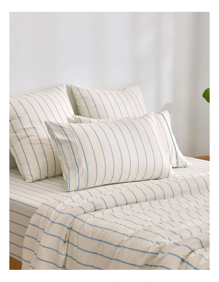 Dreamaker Superfine Washed Microfibre Striped Fitted Sheet Set in Buttermilk/Sky Blue image 2