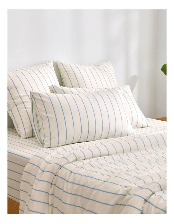 Dreamaker Superfine Washed Microfibre Striped Quilt Cover Set in Buttermilk/Sky Blue image 2