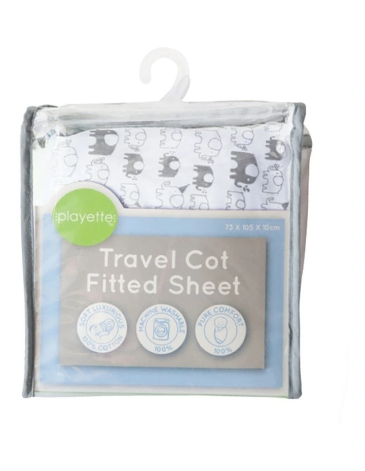 Travel Cot Fitted Sheet Elephant Cotton 200TC Set 73x105x10cm image 1