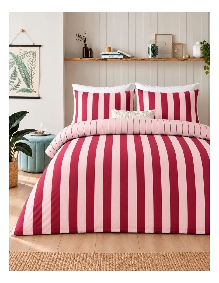 Vintage Design Linen Cotton Stripe Quilt Cover Set Pink Berry image 1
