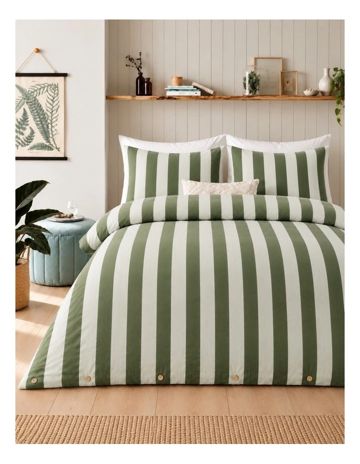 Vintage Design Linen Cotton Stripe Quilt Cover Set Moss image 1