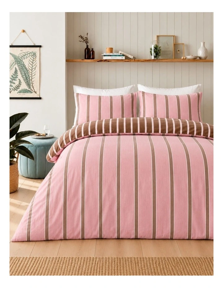 Vintage Design Linen Cotton Stripe Quilt Cover Set Pink Mocha image 1