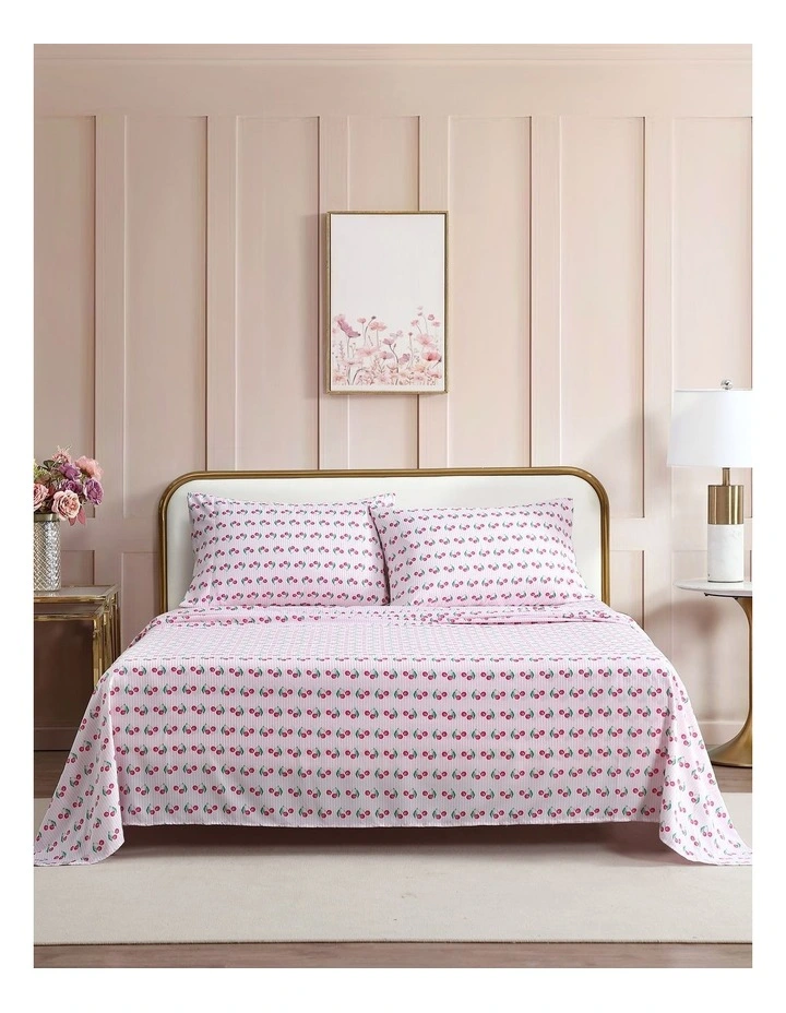 Cherry Stripe Printed Sheet Set Bubblegum Single image 1