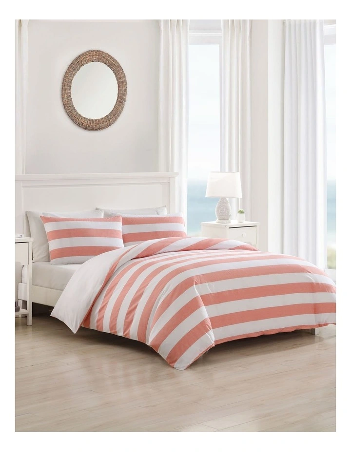 Awning Stripe Quilt Cover Set Coral Double image 2