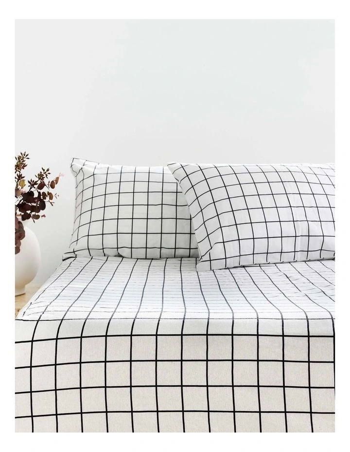 Grid Black Flannelette Fitted Sheet and Pillowcase Set image 1
