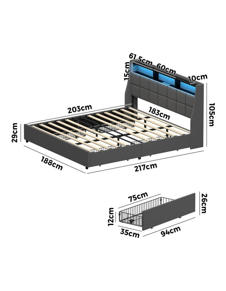 Oikiture King Size Bed Frame Headboard RGB LED Lights with Drawer USB Charge image 3