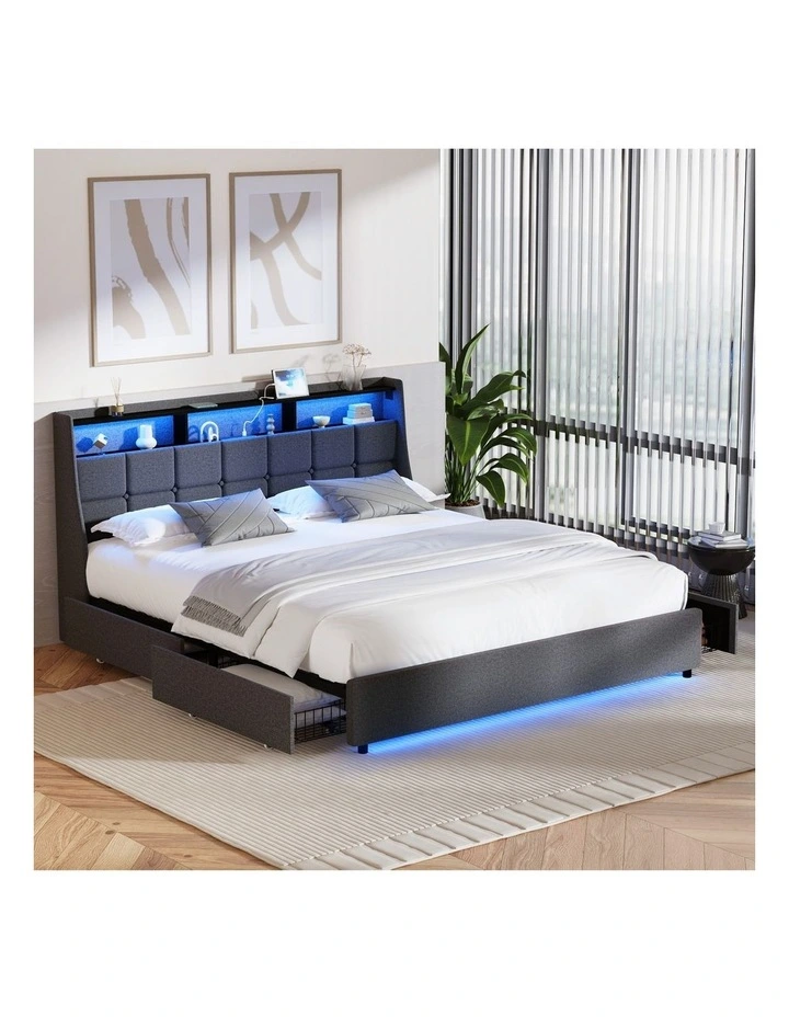 Oikiture King Size Bed Frame Headboard RGB LED Lights with Drawer USB Charge image 4