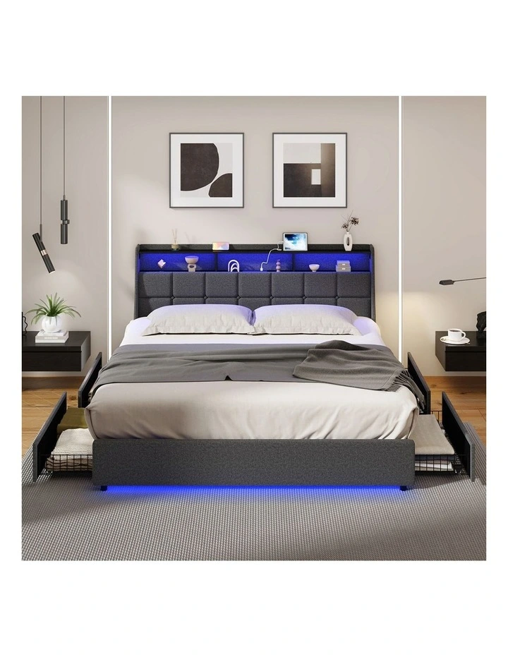 Oikiture King Size Bed Frame Headboard RGB LED Lights with Drawer USB Charge image 5