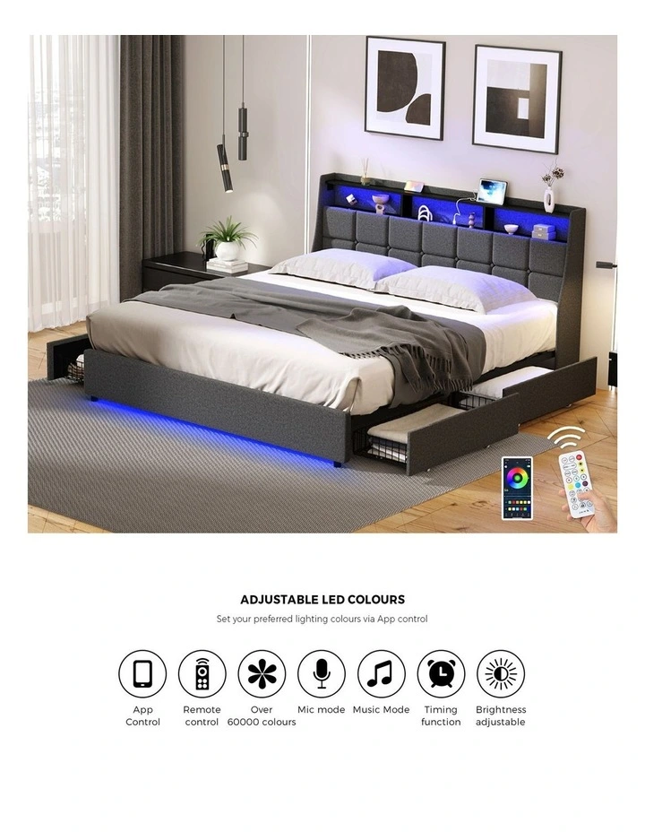 Oikiture King Size Bed Frame Headboard RGB LED Lights with Drawer USB Charge image 6