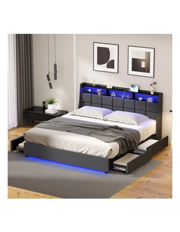 Oikiture King Size Bed Frame Headboard RGB LED Lights with Drawer USB Charge image 7