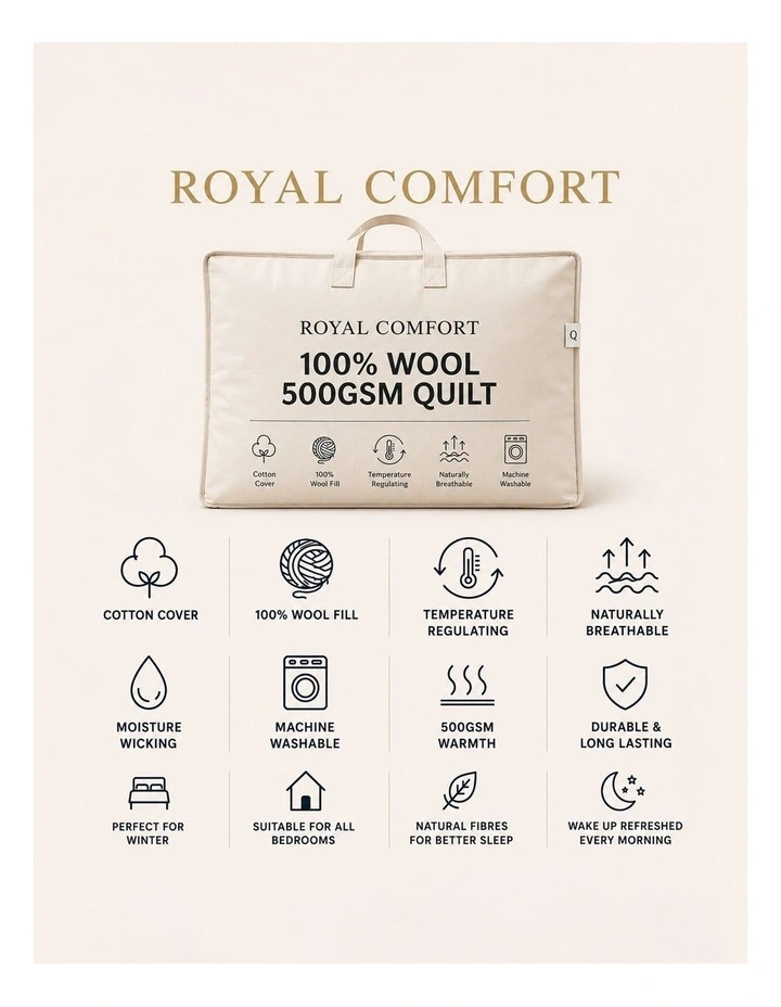 Royal Comfort 500GSM 100% Pure Wool Quilt Natural All-Seasons Duvet image 5