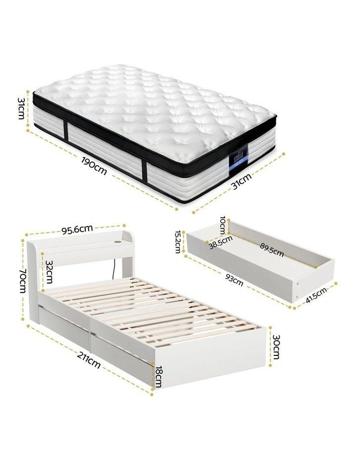 Single Mattress With Wooden Storage Bed Frame Set in White image 2