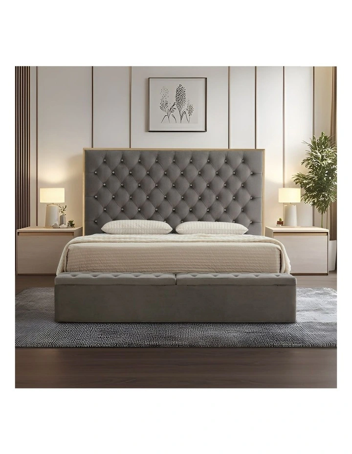 Queen Fabric Bed Frame with Tufted Headboard & Storage image 2