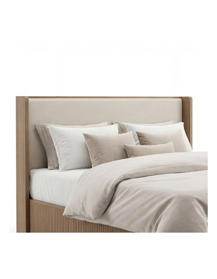 Solid Rubber Wood Queen Bed With Fabric Headboard in Brown image 5
