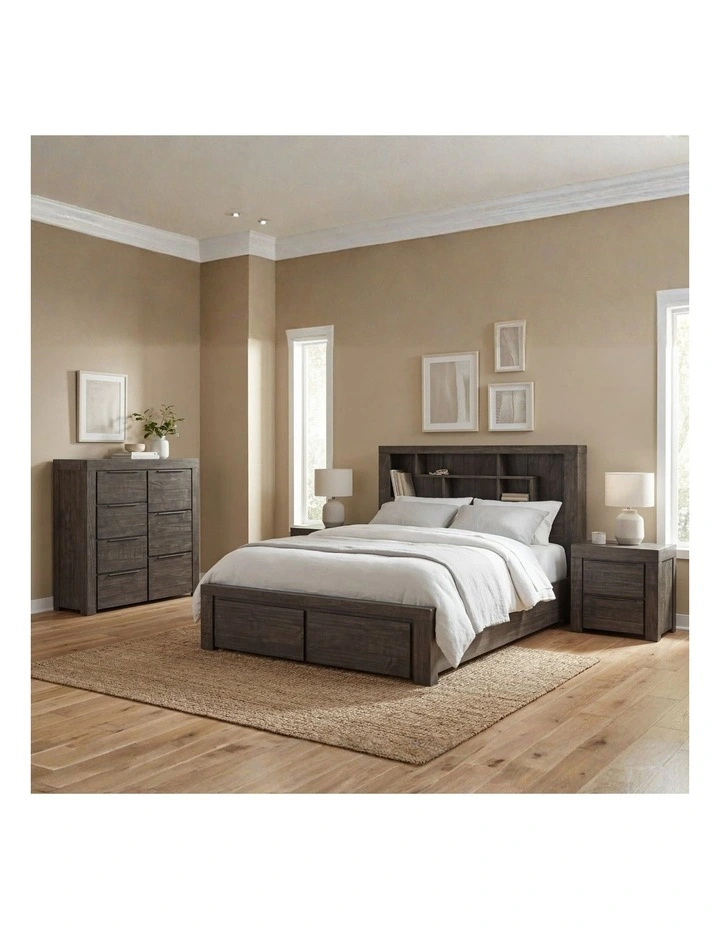 Storage Bookend Headboard With Tallboy King Bedroom Suite in Grey image 2