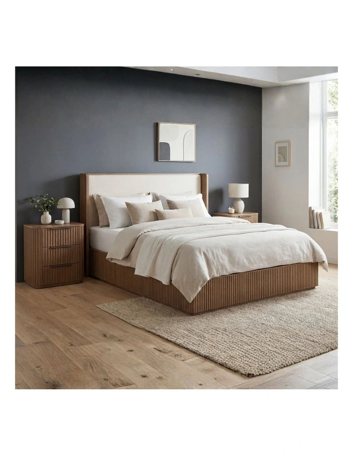 Solid Rubber Wood With Fabric Upholstered Headboard King Bed in Brown image 2