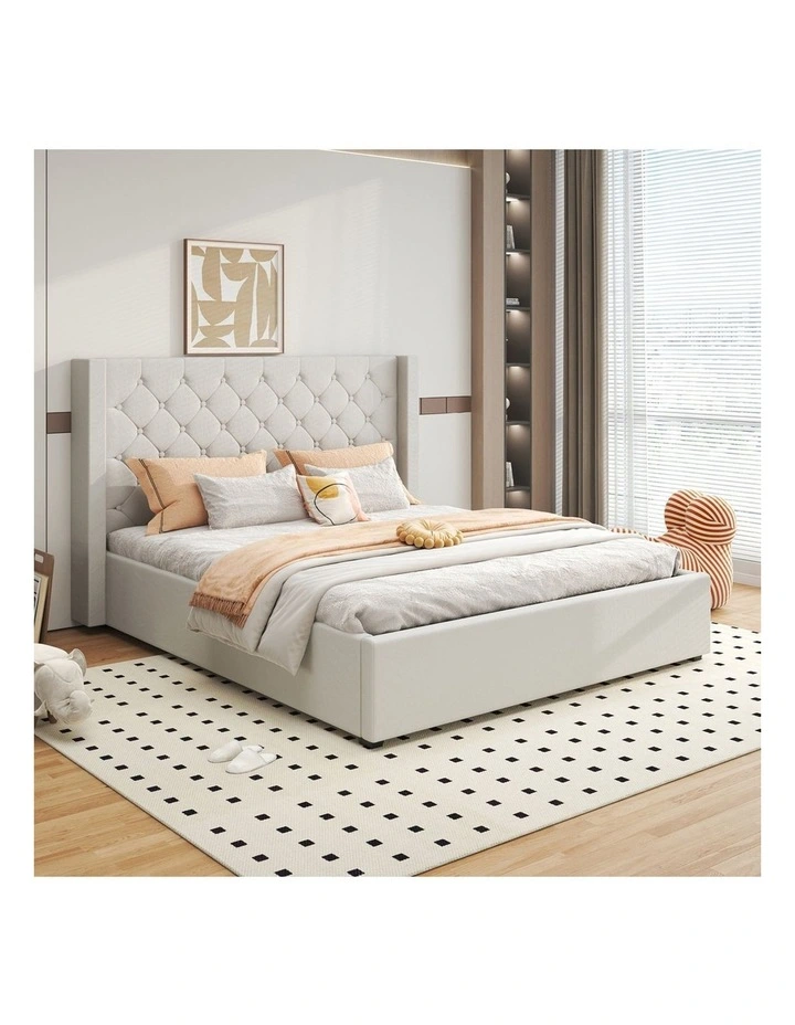 Linen Fabric Gas Lift Queen Winged Bed Frame in Grey image 2