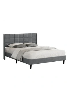 Bed Frame Queen Size Upholstered Wingback Base Wood Fabric Grey SARAH