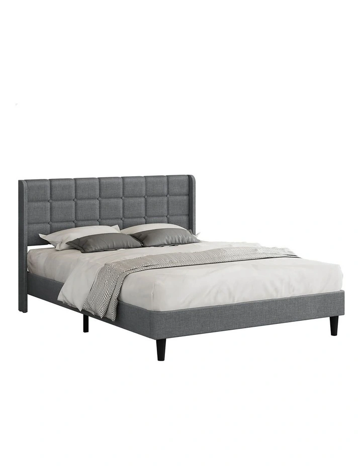 Bed Frame Queen Size Upholstered Wingback Base Wood Fabric Grey SARAH image 1