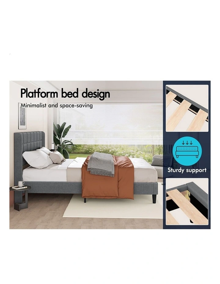 Bed Frame Queen Size Upholstered Wingback Base Wood Fabric Grey SARAH image 2