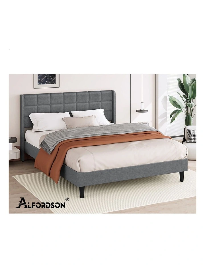 Bed Frame Queen Size Upholstered Wingback Base Wood Fabric Grey SARAH image 4