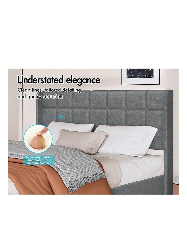 Bed Frame Queen Size Upholstered Wingback Base Wood Fabric Grey SARAH image 5