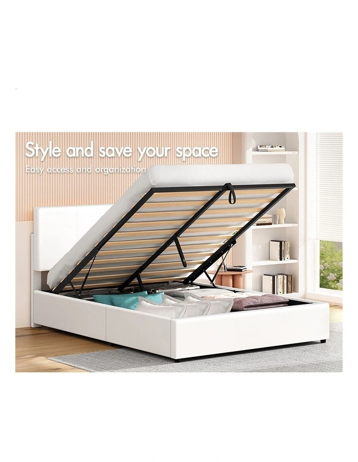 Bed Frame Queen Gas Lift Storage Adjustable Headboard White LURIA image 2
