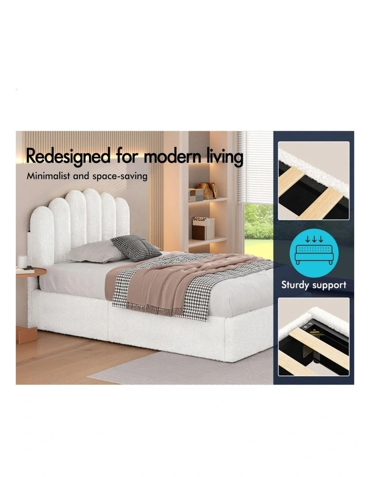 Bed Frame King Single Gas Lift Storage Base Wooden Boucle White MUTIS image 2
