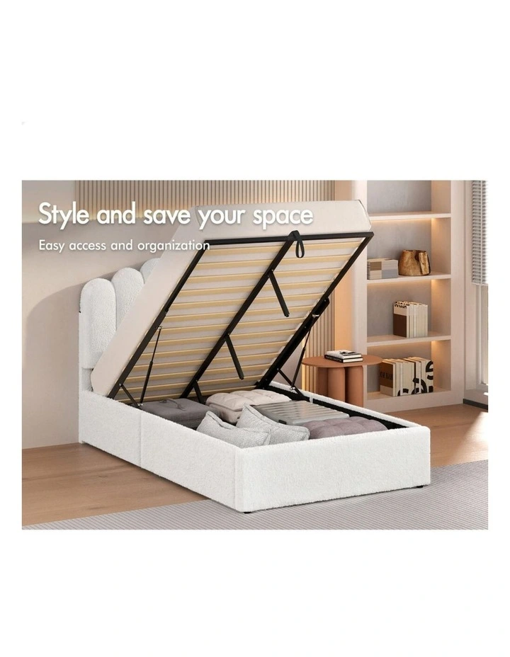 Bed Frame King Single Gas Lift Storage Base Wooden Boucle White MUTIS image 3