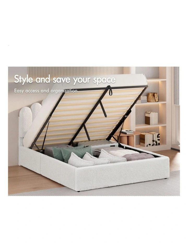 Bed Frame Double Size Gas Lift Storage Base Wooden Boucle White MUTIS image 5