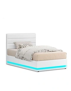 Bed Frame King Single Platform RGB LED Gas Lift Base Storage White