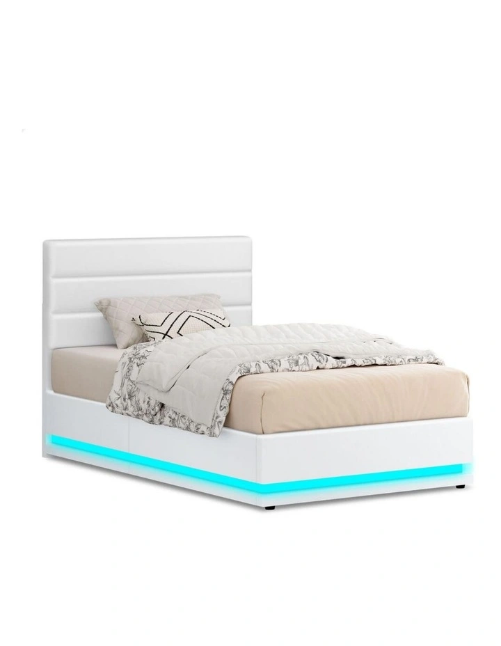 Bed Frame King Single Platform RGB LED Gas Lift Base Storage White image 1