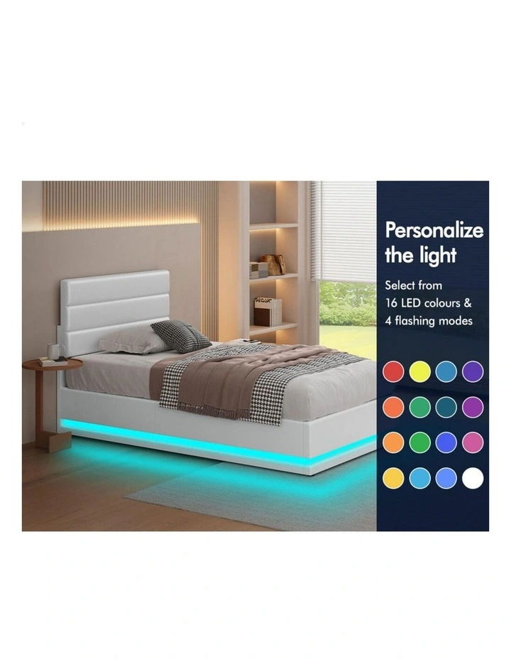 Bed Frame King Single Platform RGB LED Gas Lift Base Storage White image 3