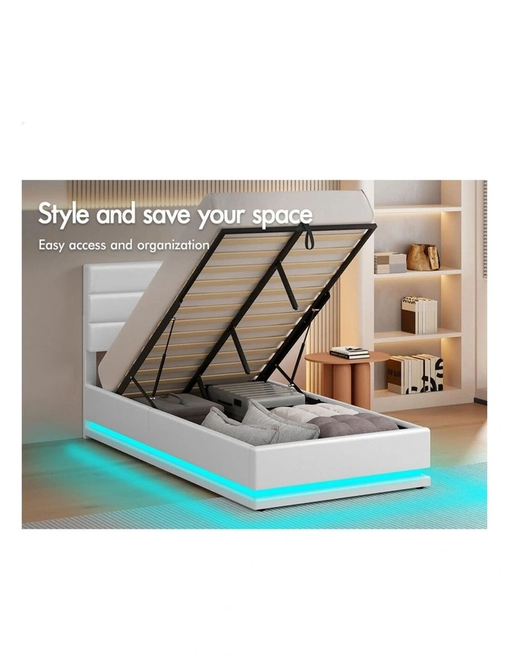 Bed Frame King Single Platform RGB LED Gas Lift Base Storage White image 5