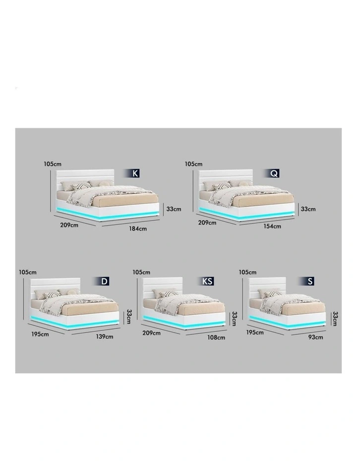 Bed Frame King Single Platform RGB LED Gas Lift Base Storage White image 7