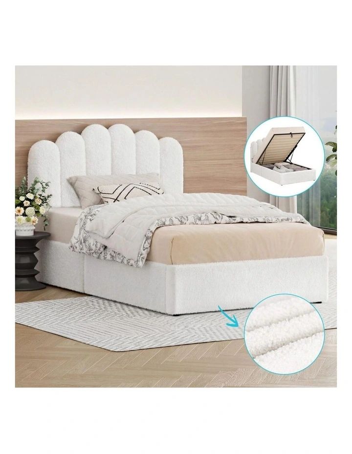 Bed Frame Single Size Gas Lift Storage Base Wooden Boucle White MUTIS image 2