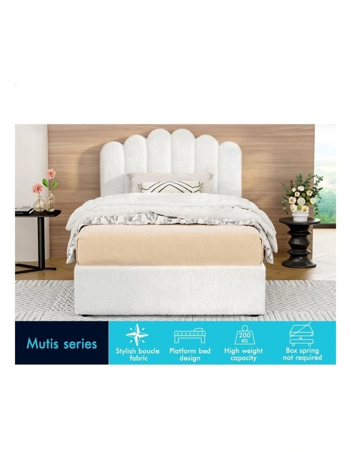 Bed Frame Single Size Gas Lift Storage Base Wooden Boucle White MUTIS image 5