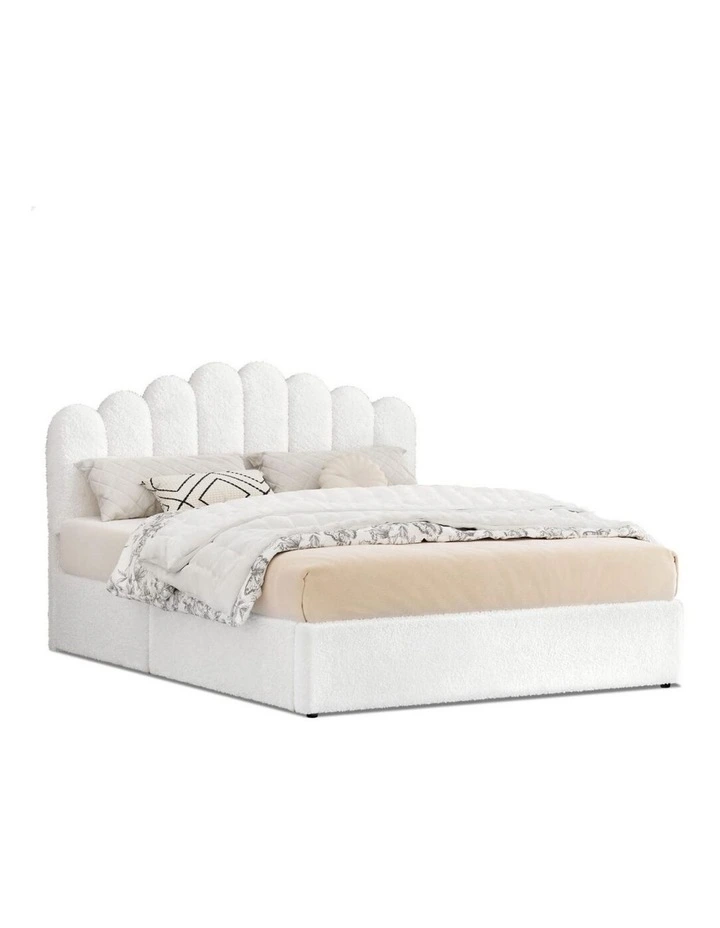 Bed Frame Queen Size Gas Lift Storage Base Wooden Boucle White MUTIS image 1
